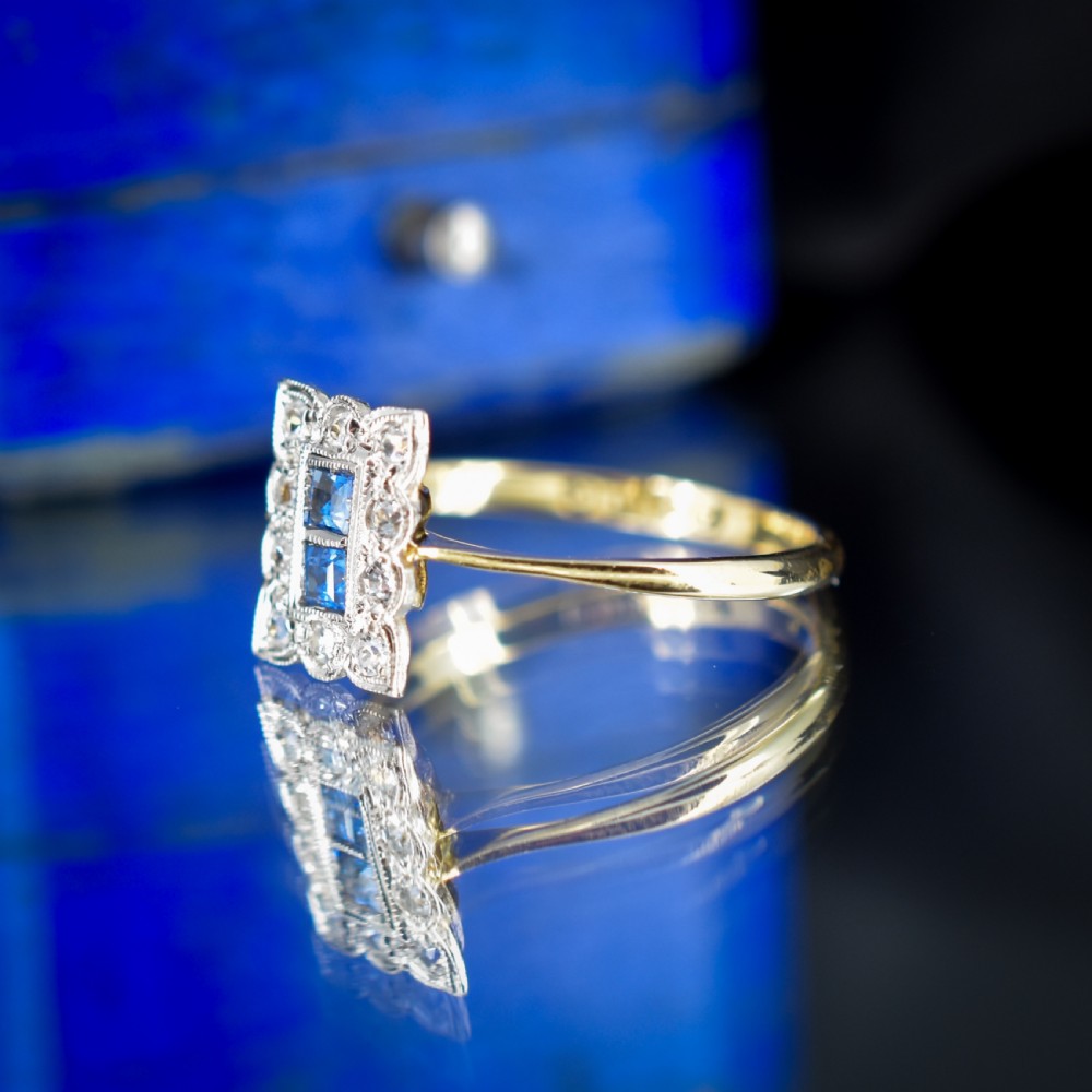 Art Deco Blue Sapphire and Diamond Halo 18ct Yellow Gold and Platinum Ring Chester 1930 View VI