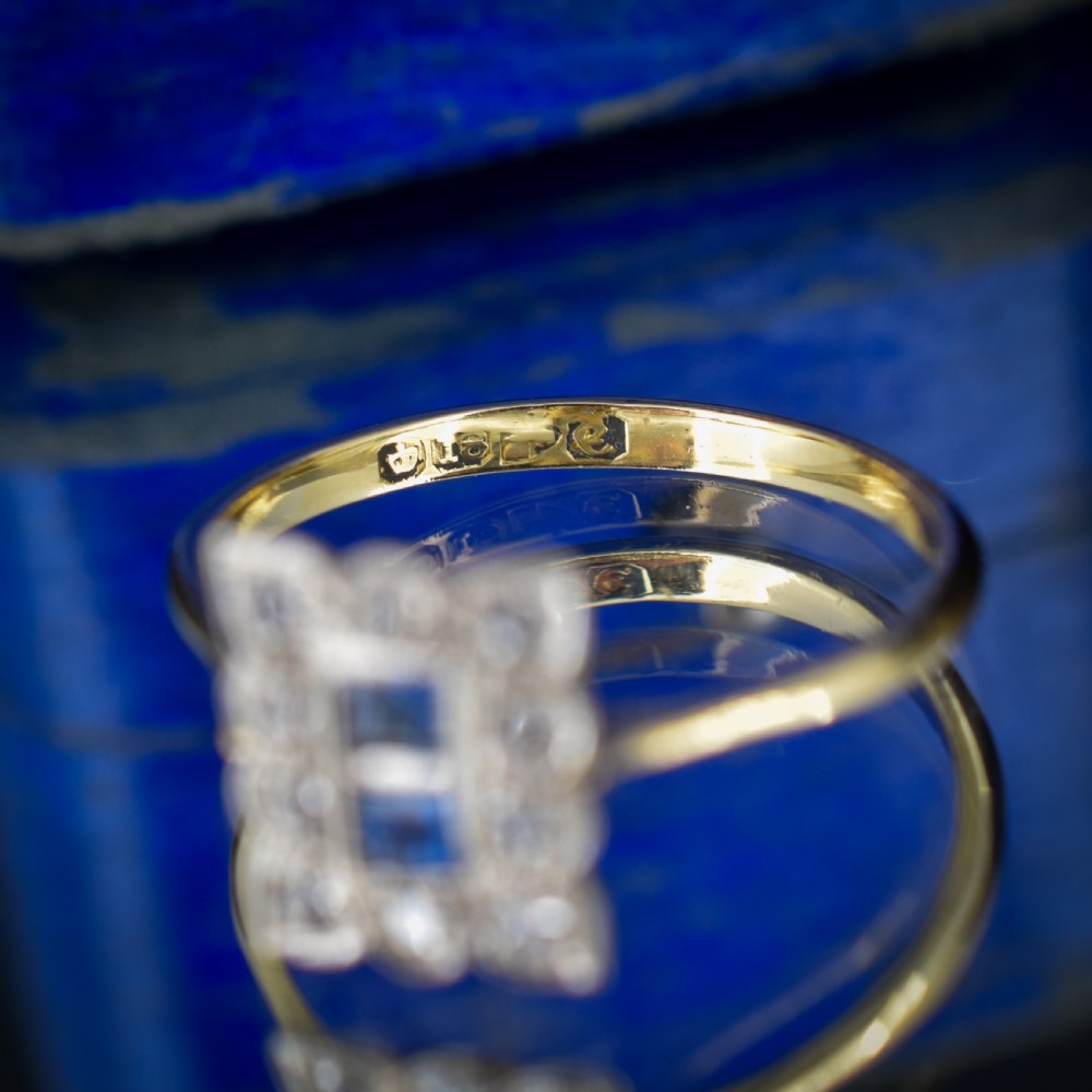 Art Deco Blue Sapphire and Diamond Halo 18ct Yellow Gold and Platinum Ring Chester 1930 View VII