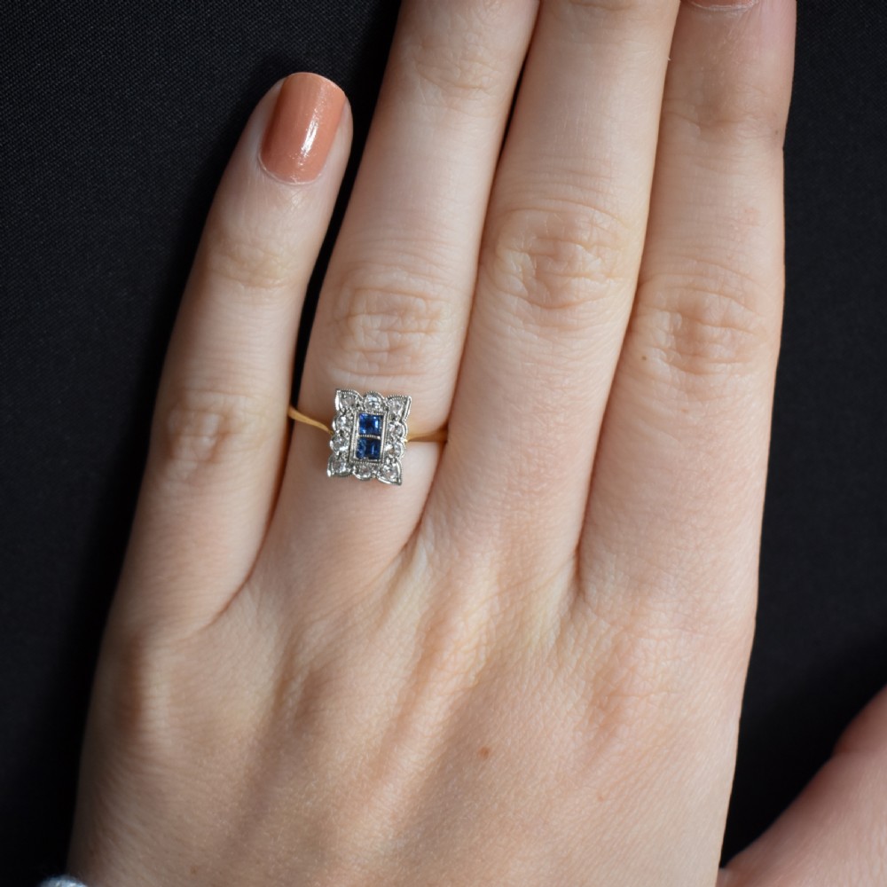 Art Deco Blue Sapphire and Diamond Halo 18ct Yellow Gold and Platinum Ring Chester 1930 View VIII