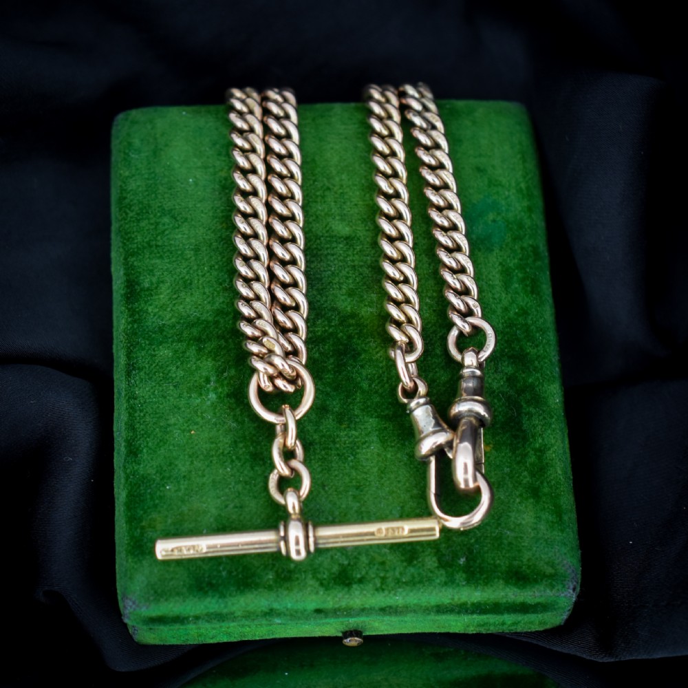 Antique 9ct Gold Double Dog Clip Albert Watch Chain Necklace 17