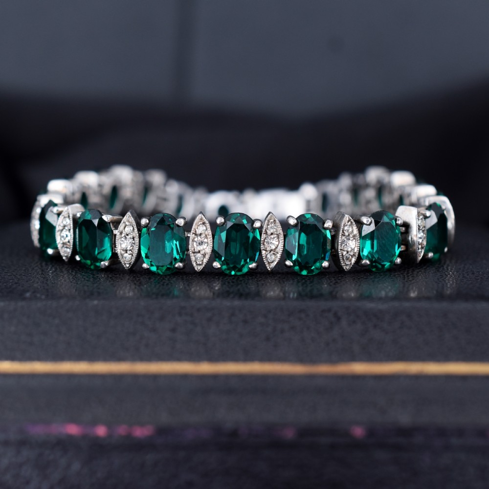 Vintage Green Paste Silver Tennis Line Bracelet 6.75