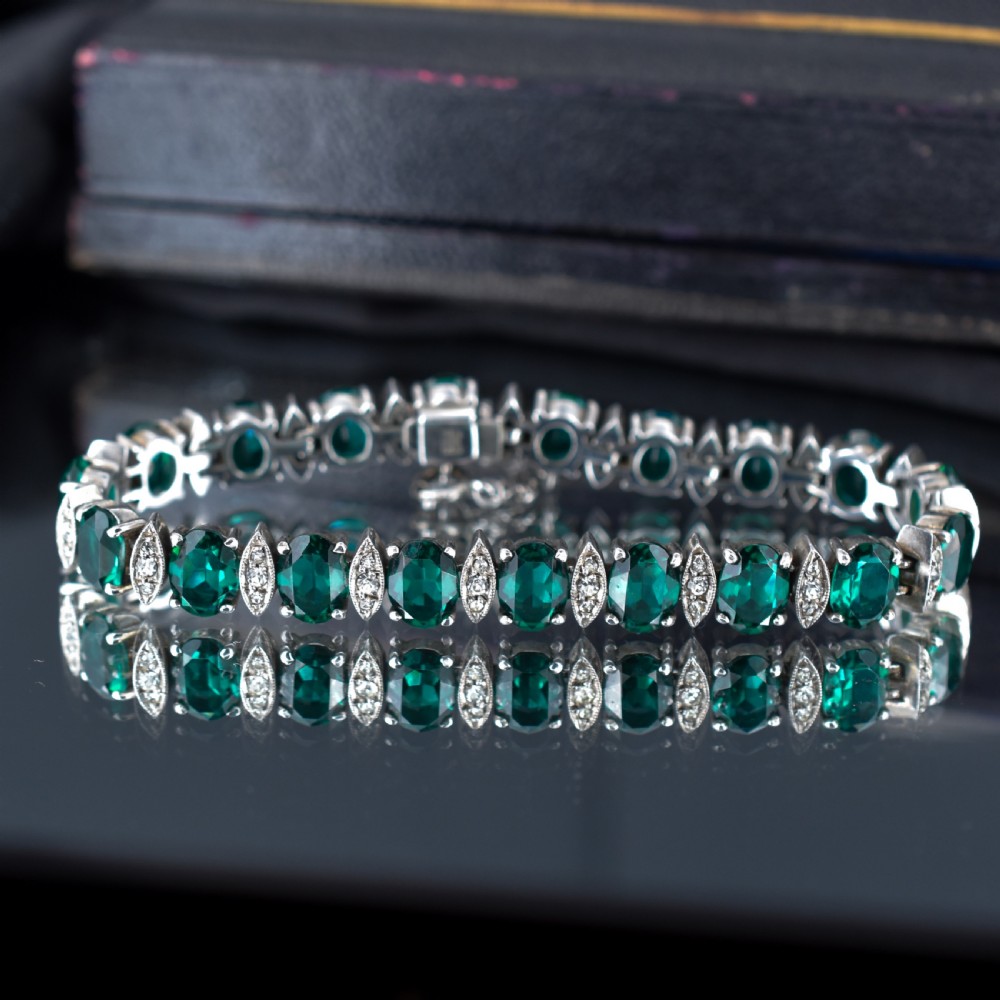Vintage Green Paste Silver Tennis Line Bracelet 6.75