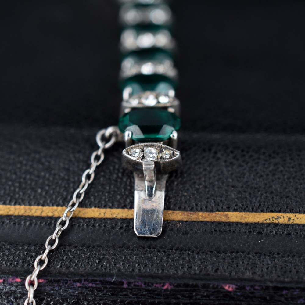 Vintage Green Paste Silver Tennis Line Bracelet 6.75