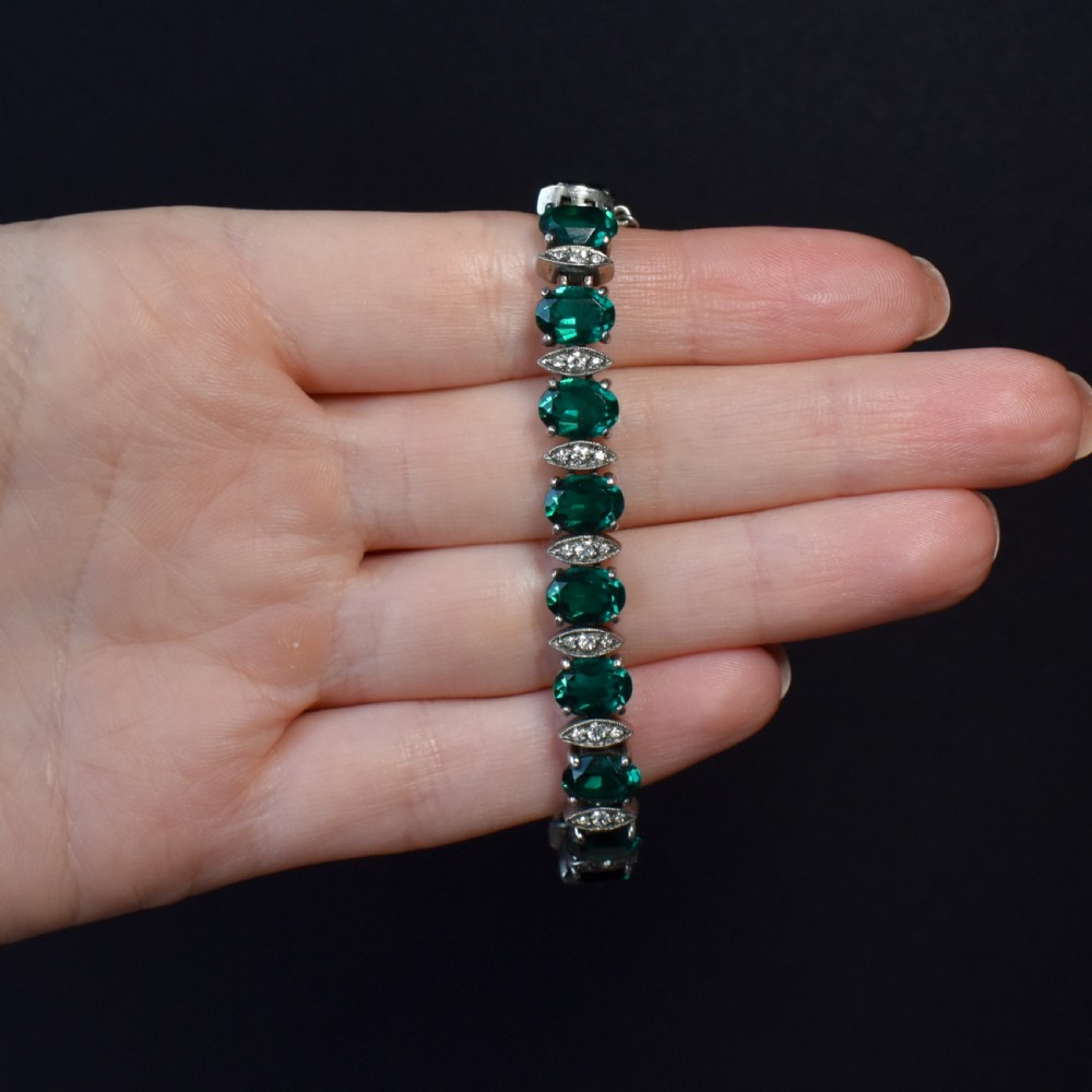Vintage Green Paste Silver Tennis Line Bracelet 6.75