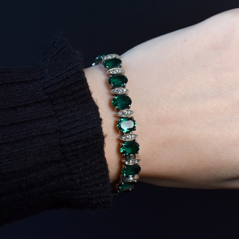 Vintage Green Paste Silver Tennis Line Bracelet 6.75