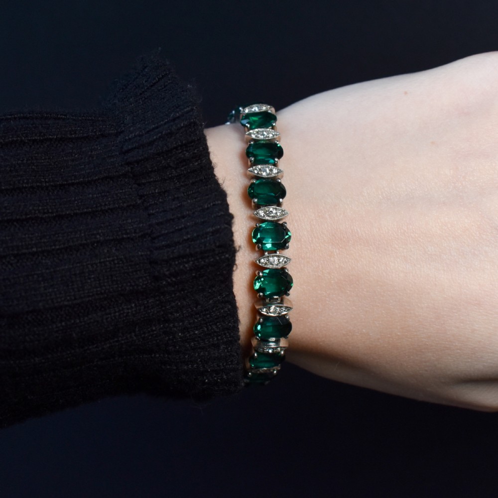 Vintage Green Paste Silver Tennis Line Bracelet 6.75