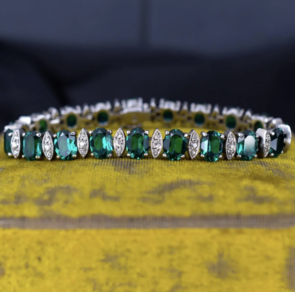 Vintage Green Paste Silver Tennis Line Bracelet 6.75