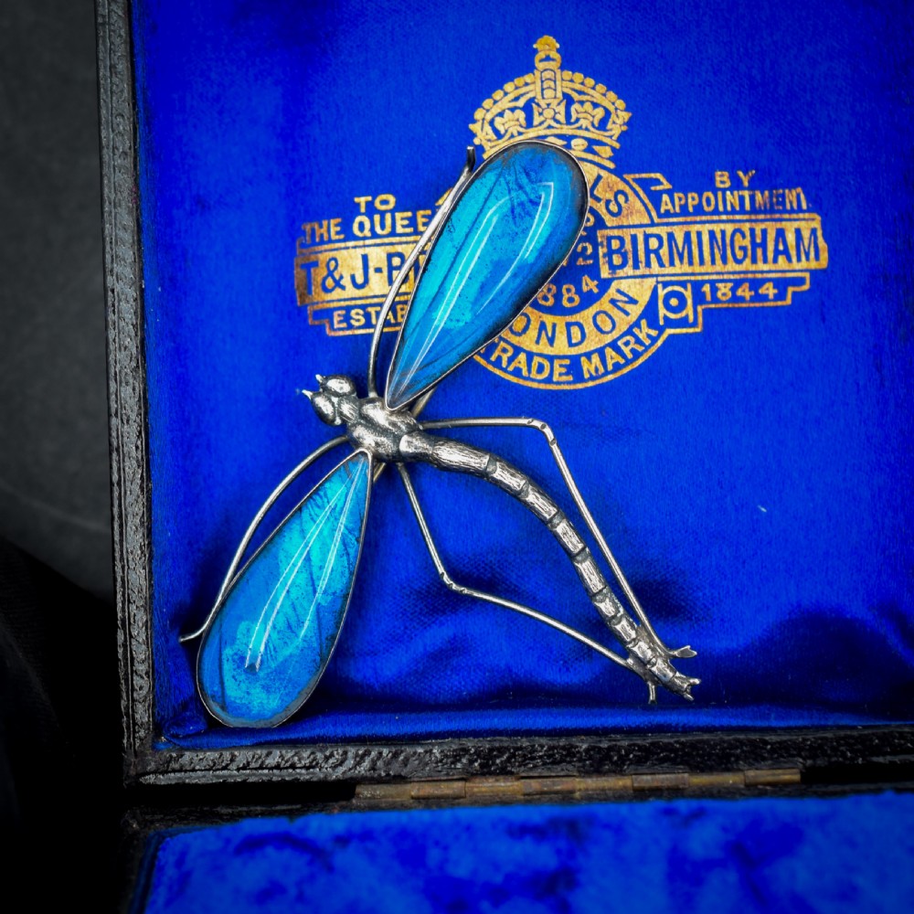 An Art Deco sterling silver brooch designed in the shape of a dragonfly with iridescent blue butterfly wings set beneath glass. View II
