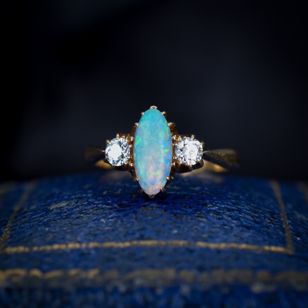 Antique Old Cut Diamond and Opal Three Stone 18ct Gold Ring