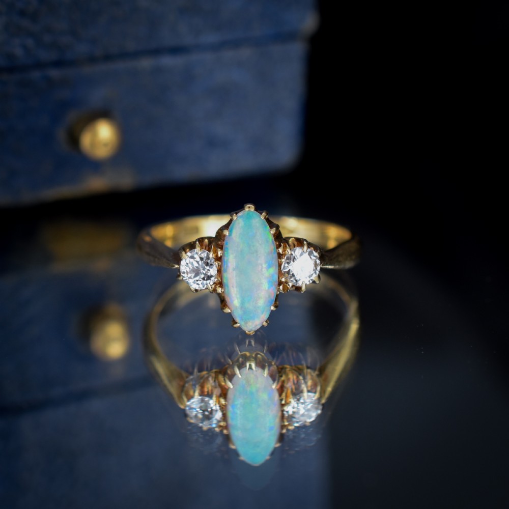 Antique Old Cut Diamond and Opal Three Stone 18ct Gold Ring View II