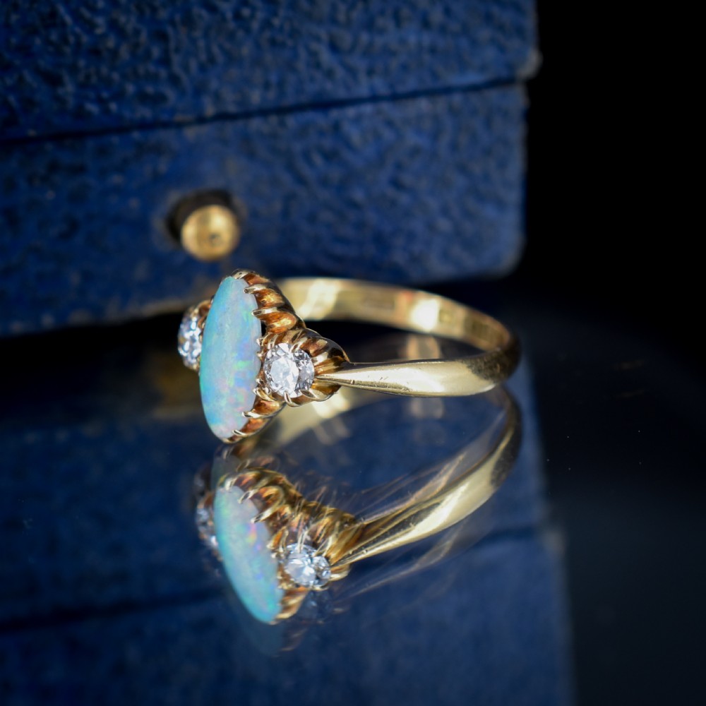 Antique Old Cut Diamond and Opal Three Stone 18ct Gold Ring View IV