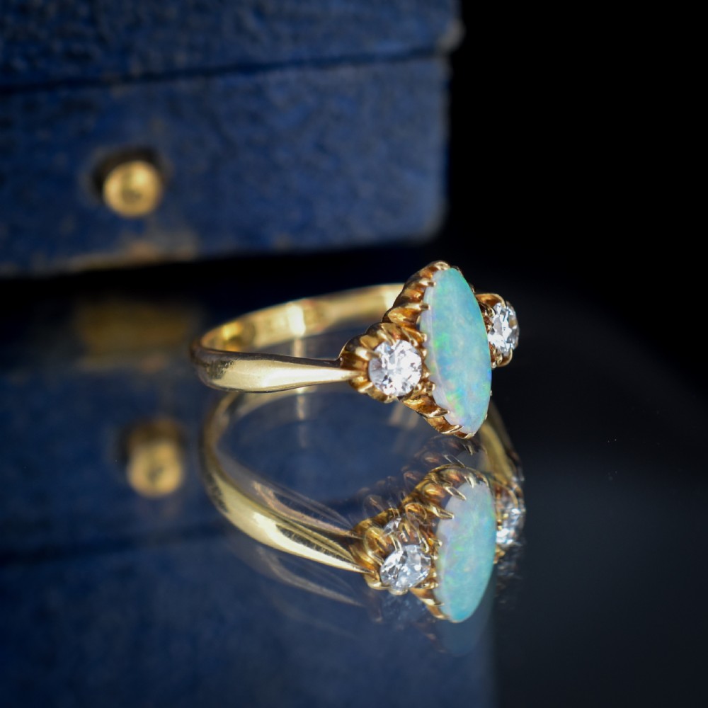 Antique Old Cut Diamond and Opal Three Stone 18ct Gold Ring View VI