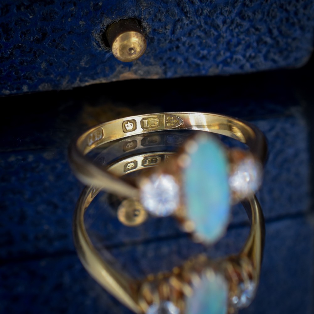 Antique Old Cut Diamond and Opal Three Stone 18ct Gold Ring View VII