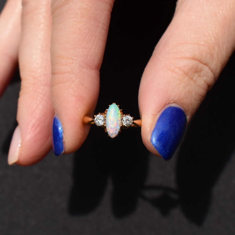 Antique Old Cut Diamond and Opal Three Stone 18ct Gold Ring View VIII
