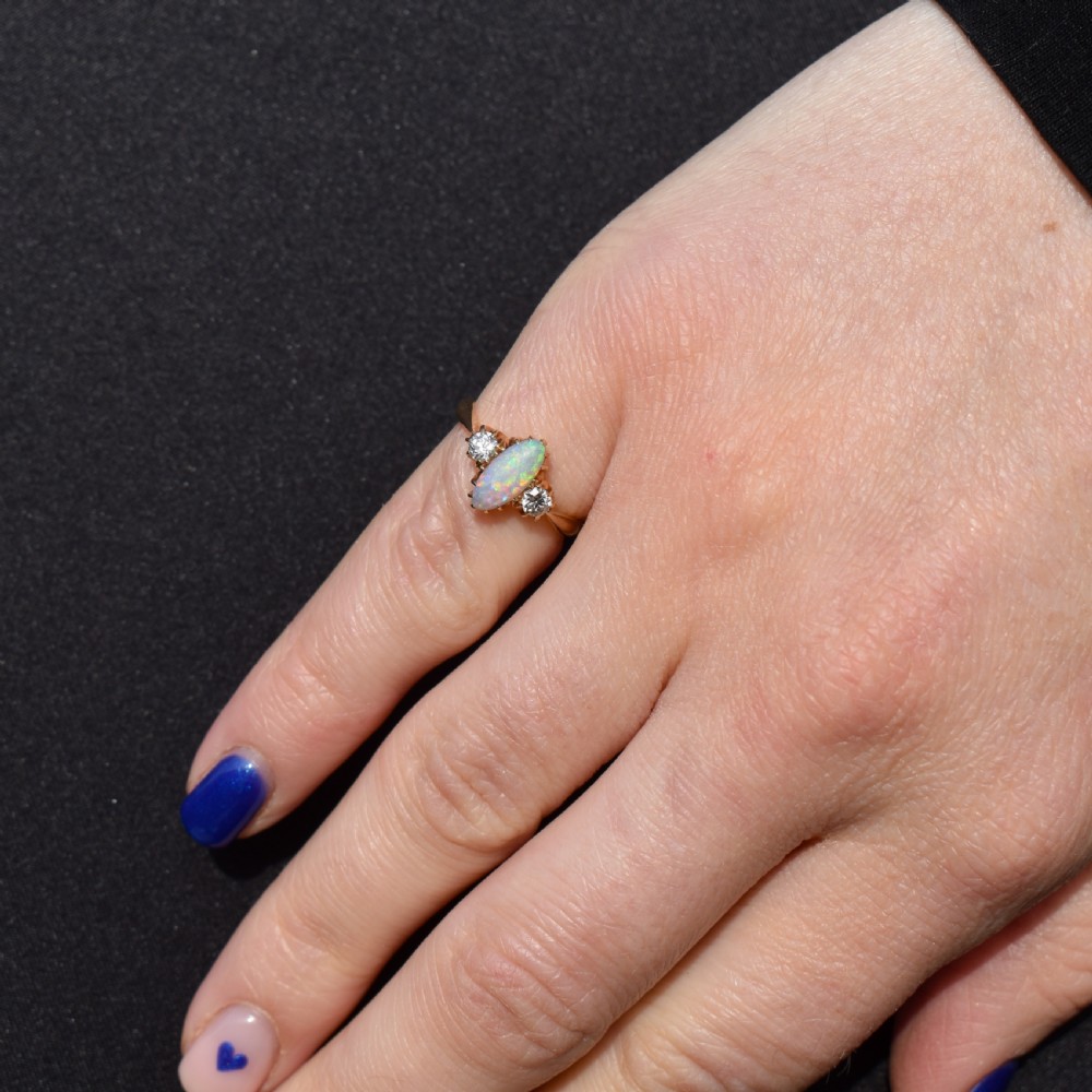 Antique Old Cut Diamond and Opal Three Stone 18ct Gold Ring View IX