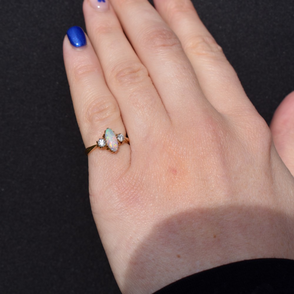 Antique Old Cut Diamond and Opal Three Stone 18ct Gold Ring View X