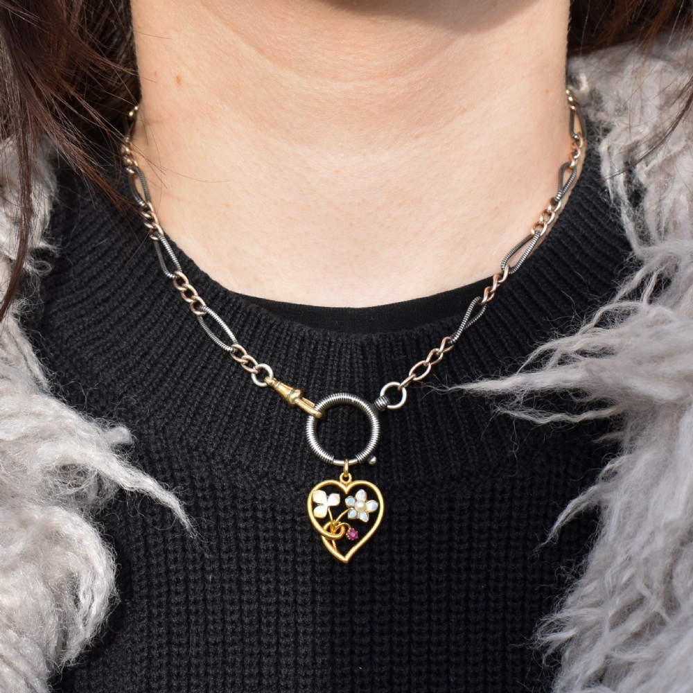 Antique Art Nouveau Gold Ruby Pearl and Enamel Floral Heart Pendant View II