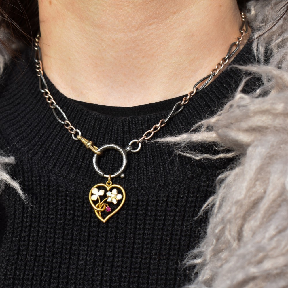 Antique Art Nouveau Gold Ruby Pearl and Enamel Floral Heart Pendant View III