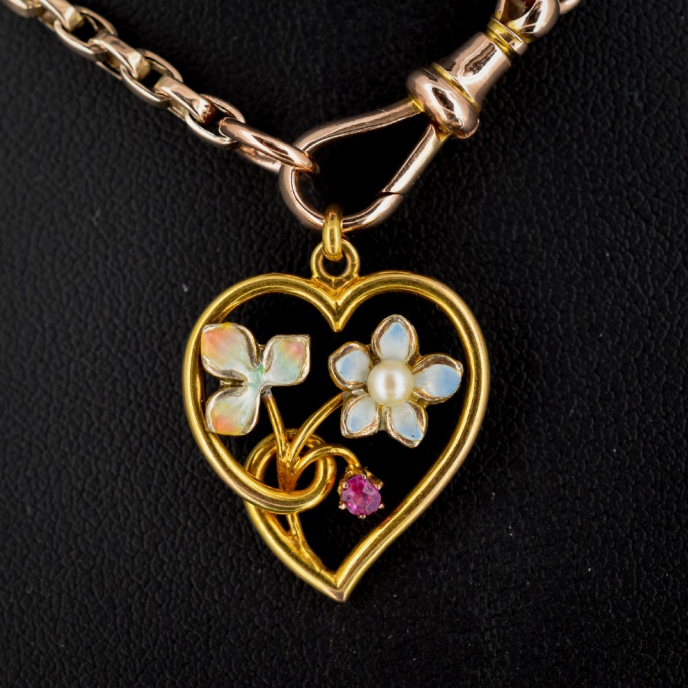 Antique Art Nouveau Gold Ruby Pearl and Enamel Floral Heart Pendant