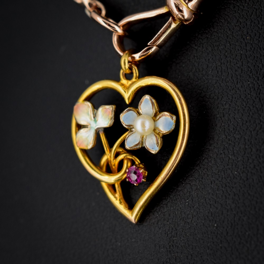Antique Art Nouveau Gold Ruby Pearl and Enamel Floral Heart Pendant View VI