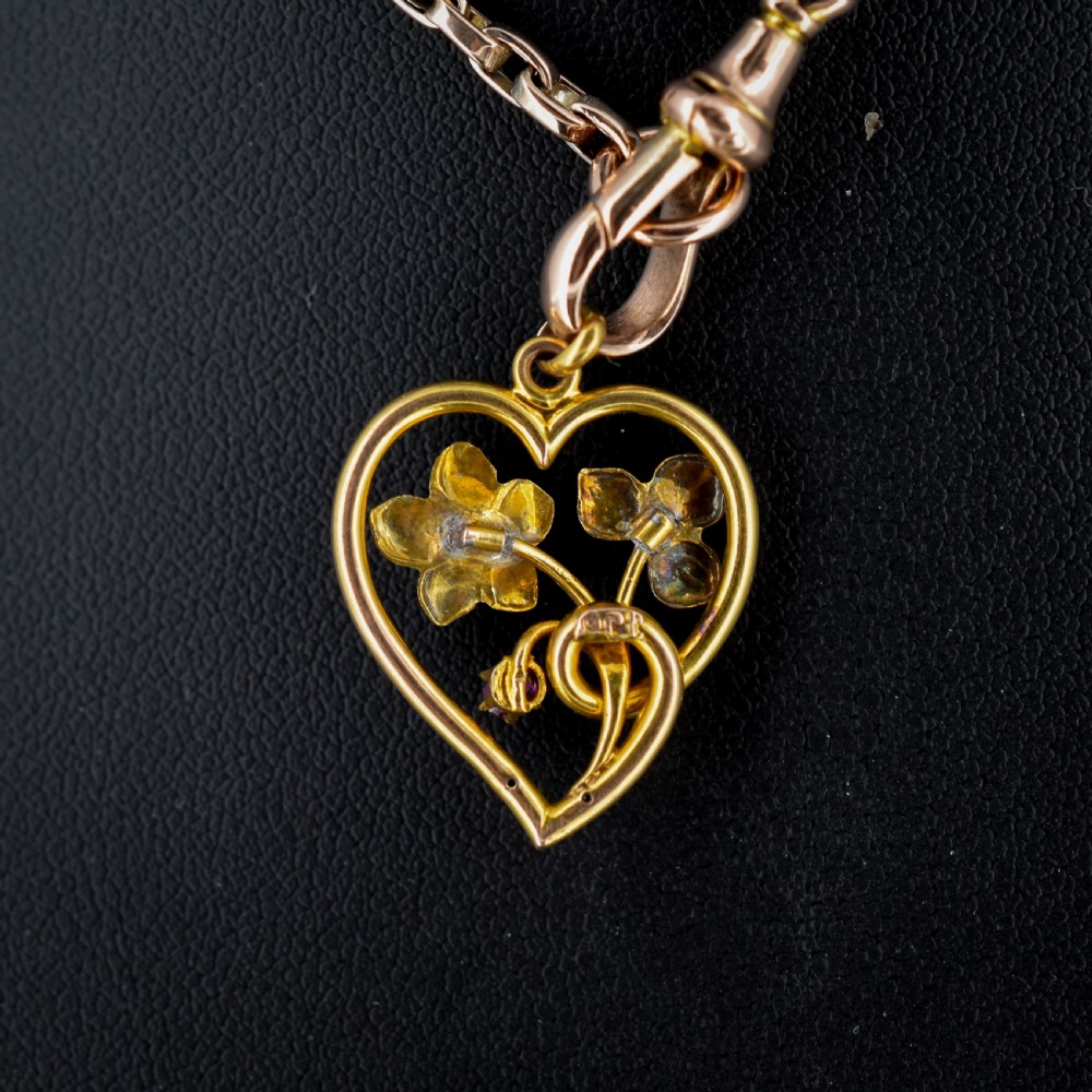 Antique Art Nouveau Gold Ruby Pearl and Enamel Floral Heart Pendant View VII