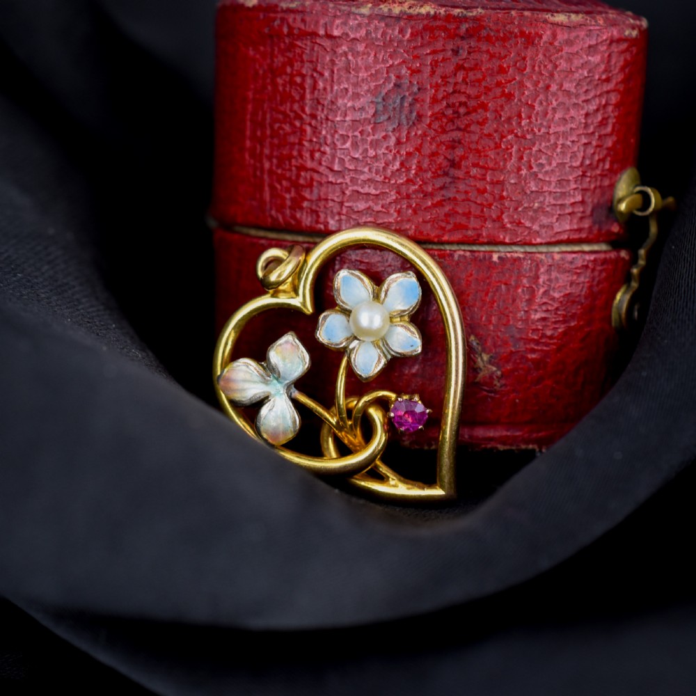 Antique Art Nouveau Gold Ruby Pearl and Enamel Floral Heart Pendant View VIII
