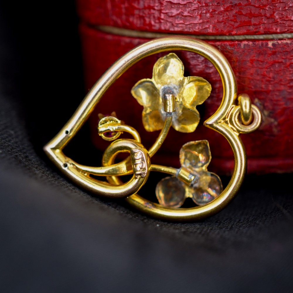 Antique Art Nouveau Gold Ruby Pearl and Enamel Floral Heart Pendant View X