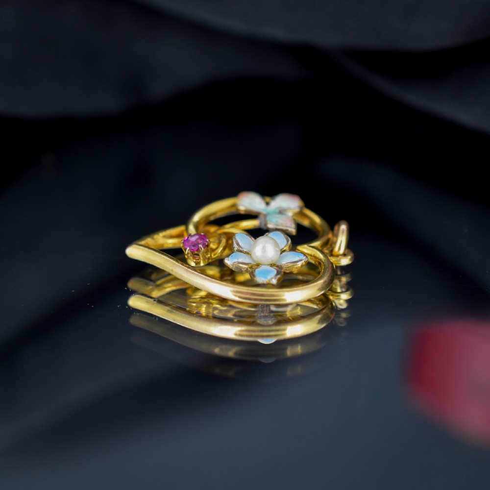 Antique Art Nouveau Gold Ruby Pearl and Enamel Floral Heart Pendant View XI