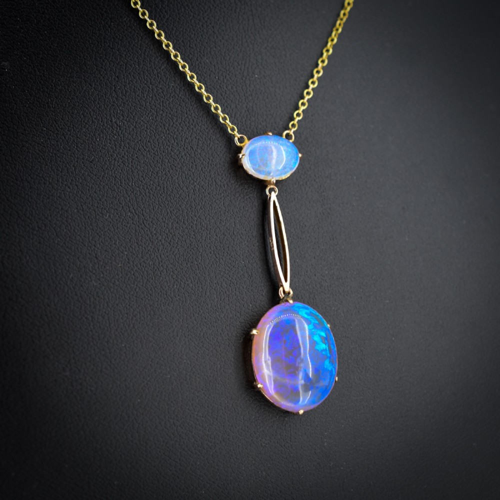 Antique Edwardian Opal Drop 9ct Gold Pendant Necklace | 16