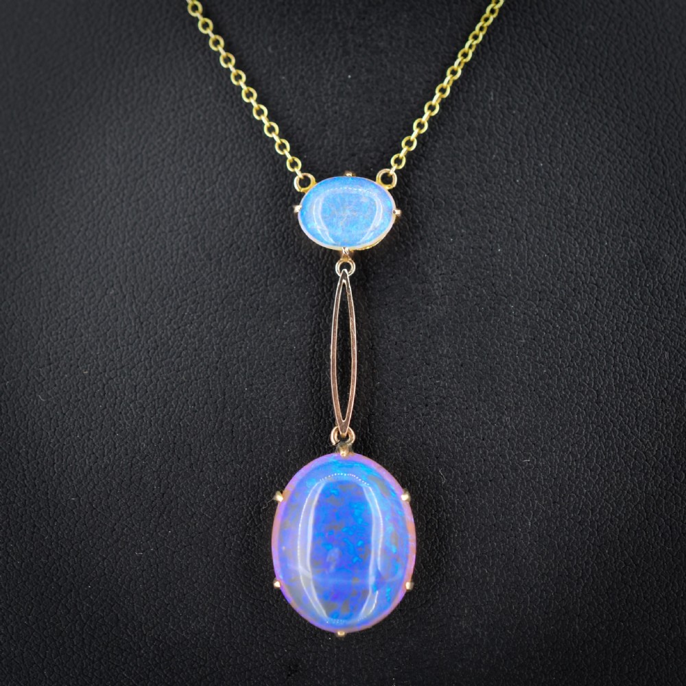 Antique Edwardian Opal Drop 9ct Gold Pendant Necklace | 16