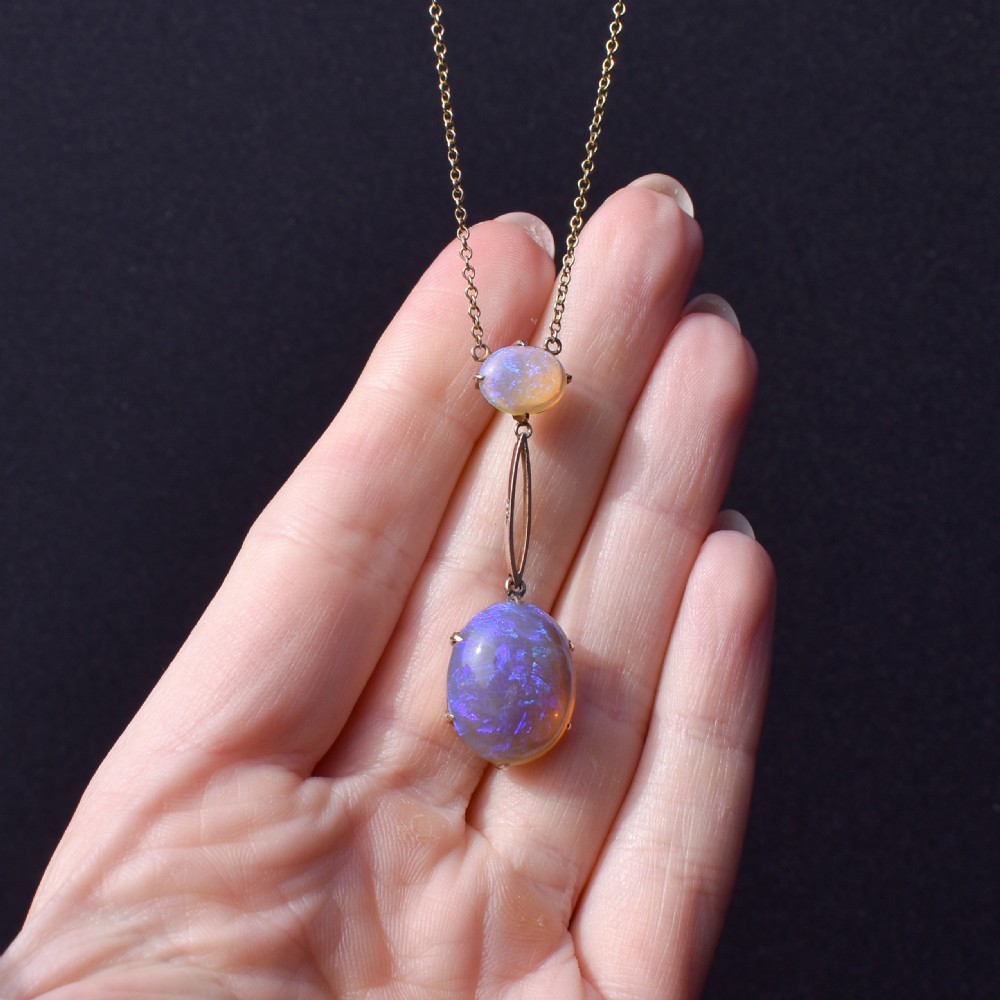 Antique Edwardian Opal Drop 9ct Gold Pendant Necklace | 16