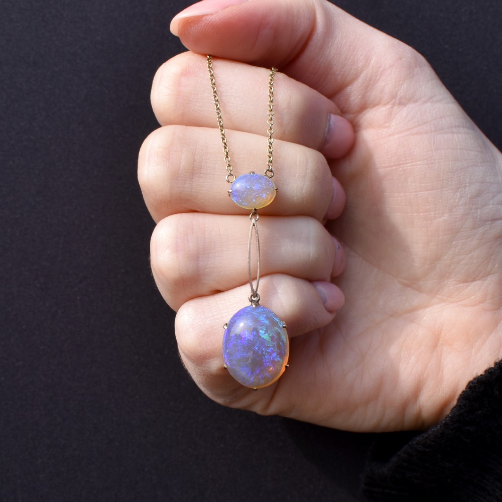 Antique Edwardian Opal Drop 9ct Gold Pendant Necklace | 16