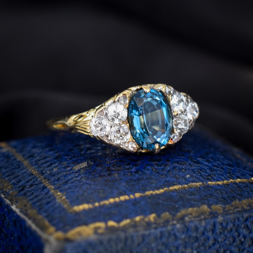 Antique Victorian Old Cut Diamond and London Blue Topaz 18ct Yellow Gold Scroll Ring