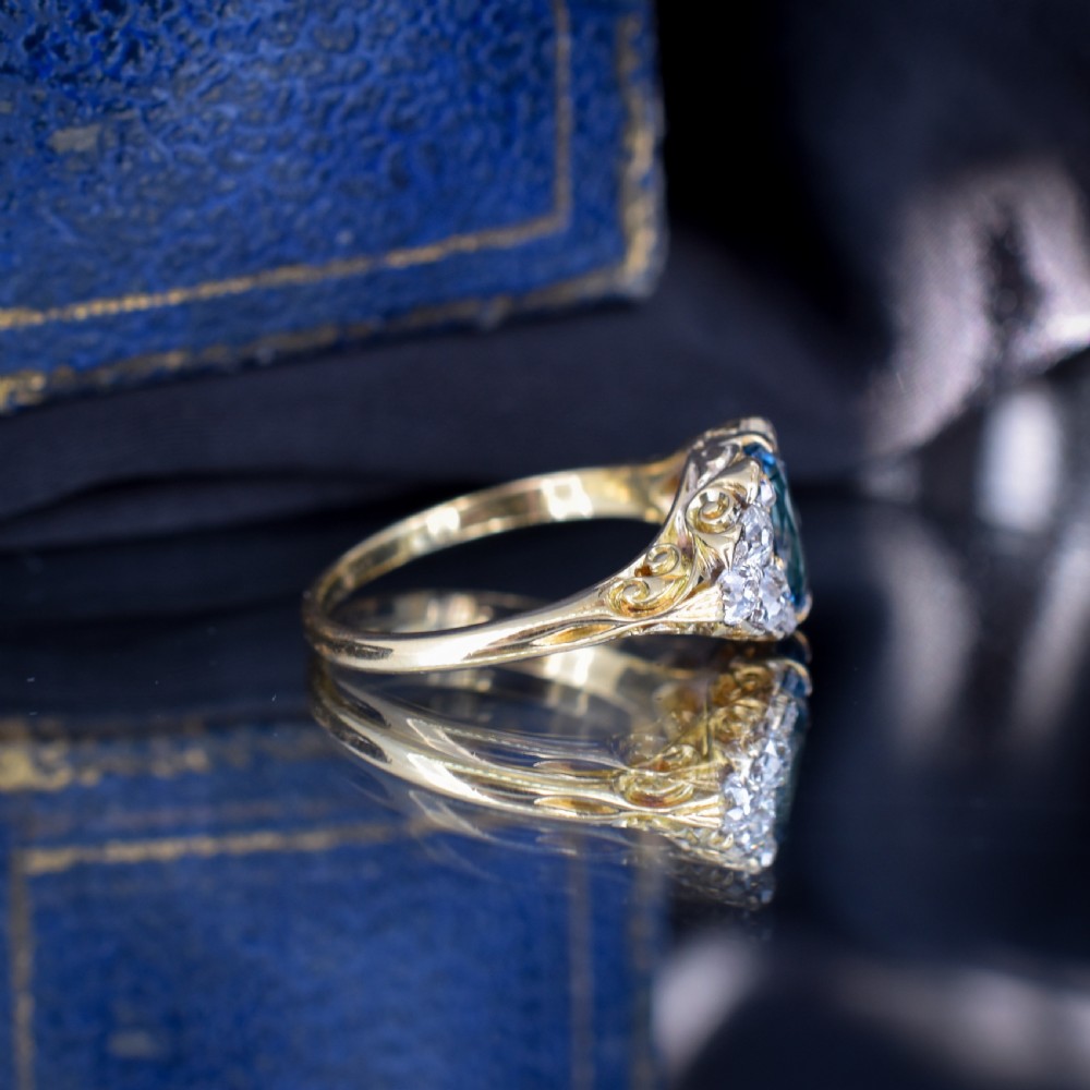 Antique Victorian Old Cut Diamond and London Blue Topaz 18ct Yellow Gold Scroll Ring View II
