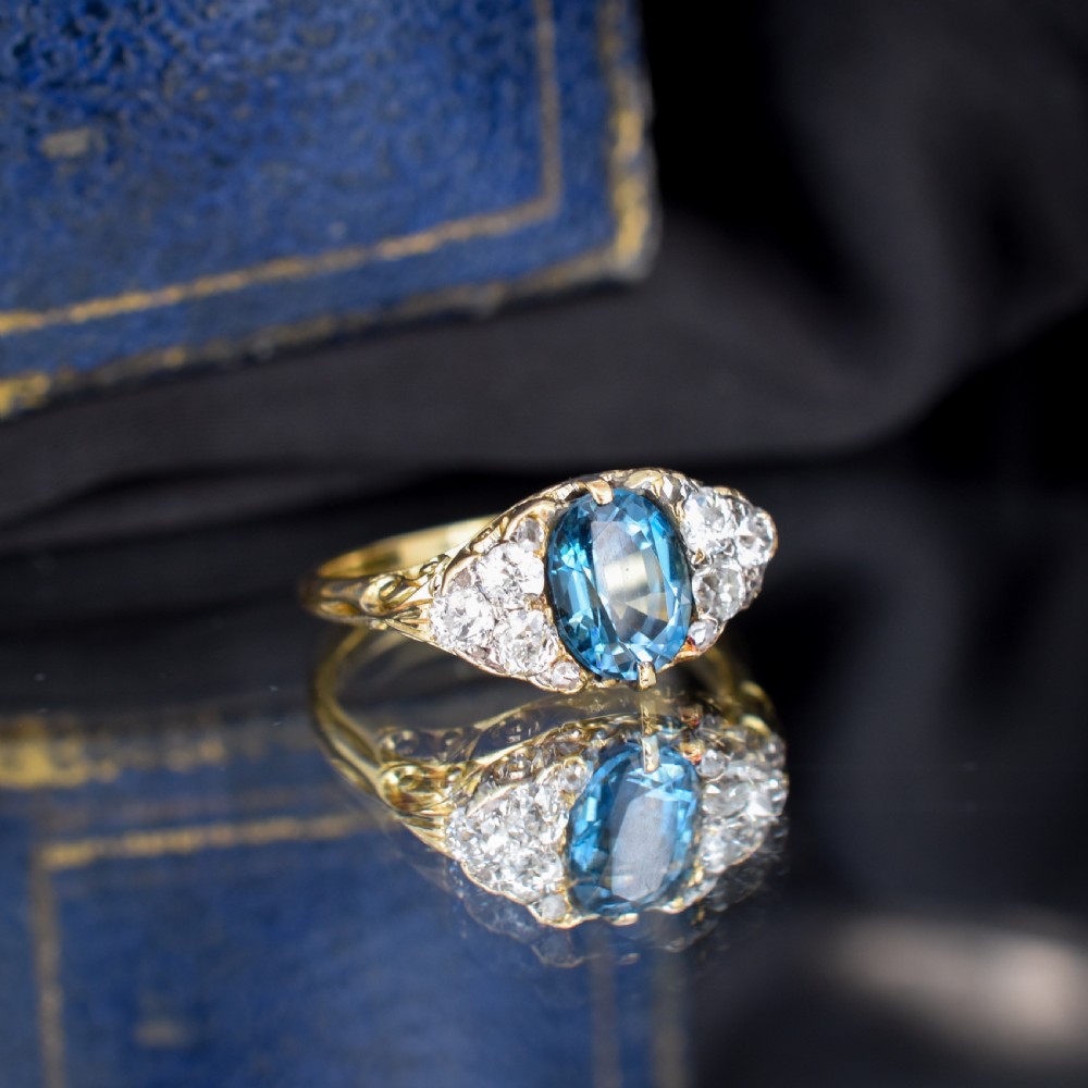 Antique Victorian Old Cut Diamond and London Blue Topaz 18ct Yellow Gold Scroll Ring View IV