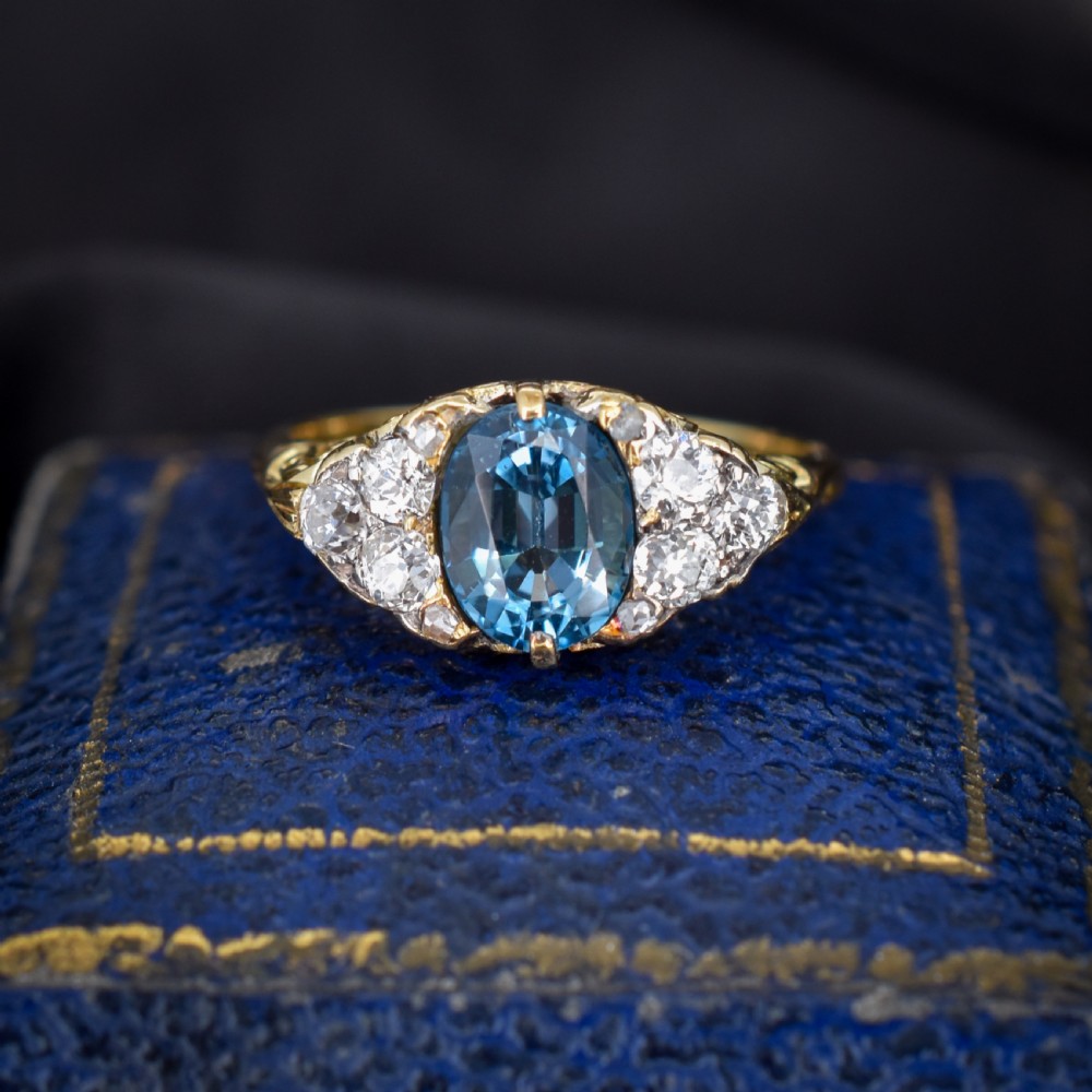 Antique Victorian Old Cut Diamond and London Blue Topaz 18ct Yellow Gold Scroll Ring View V
