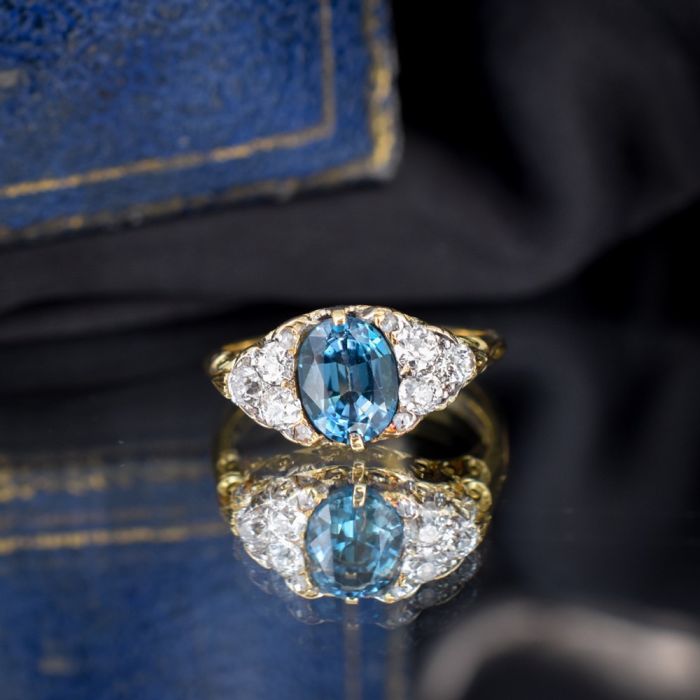 Antique Victorian Old Cut Diamond and London Blue Topaz 18ct Yellow Gold Scroll Ring View VI