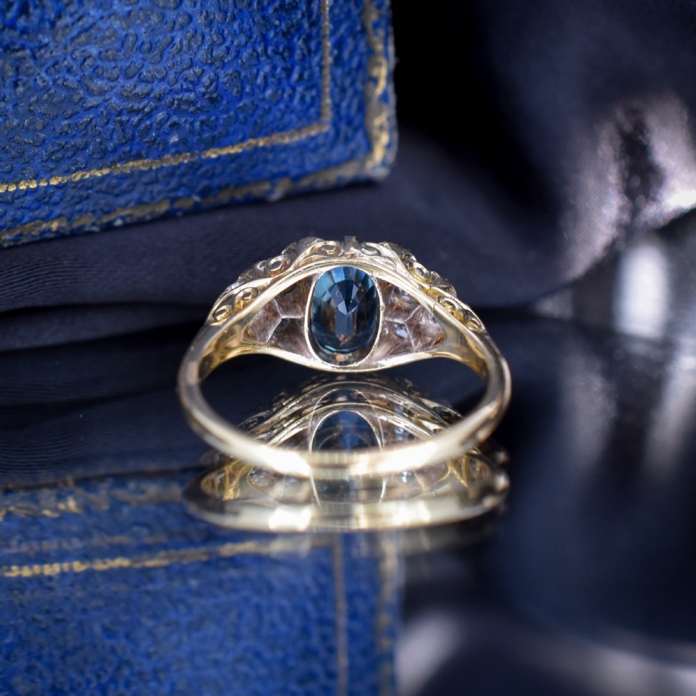 Antique Victorian Old Cut Diamond and London Blue Topaz 18ct Yellow Gold Scroll Ring View VII