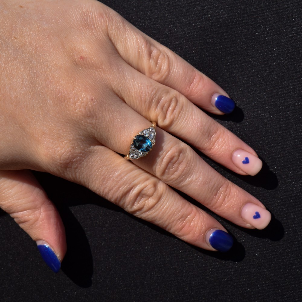Antique Victorian Old Cut Diamond and London Blue Topaz 18ct Yellow Gold Scroll Ring View X
