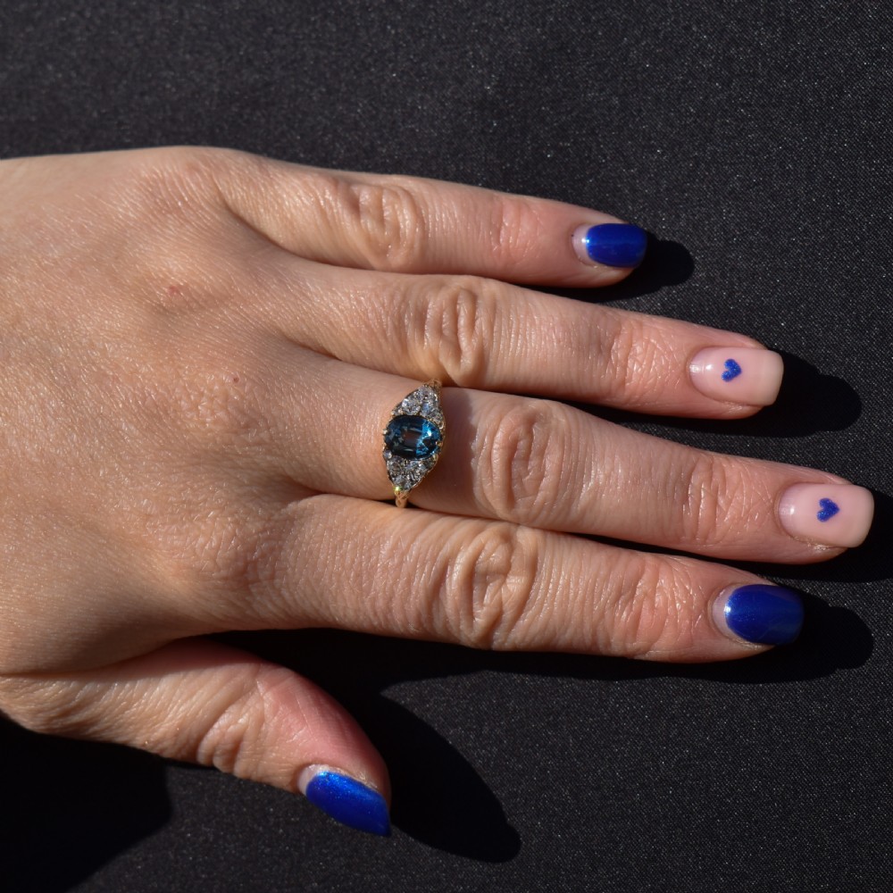 Antique Victorian Old Cut Diamond and London Blue Topaz 18ct Yellow Gold Scroll Ring View XI