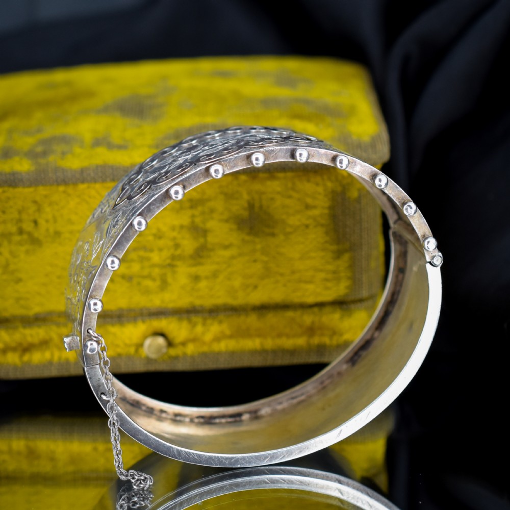 Antique Silver and Gold Aesthetic Flower Engraved Wide Cuff Bangle Bracelet | Victorian View II