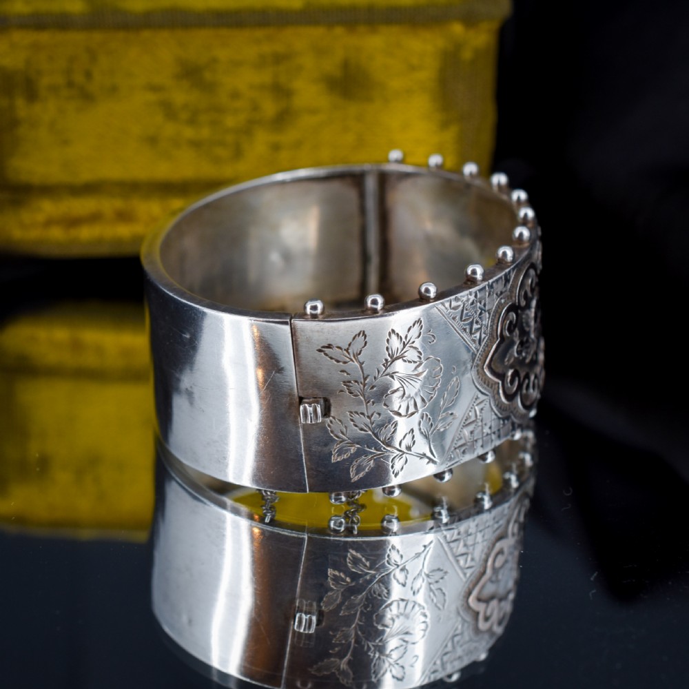 Antique Silver and Gold Aesthetic Flower Engraved Wide Cuff Bangle Bracelet | Victorian View III