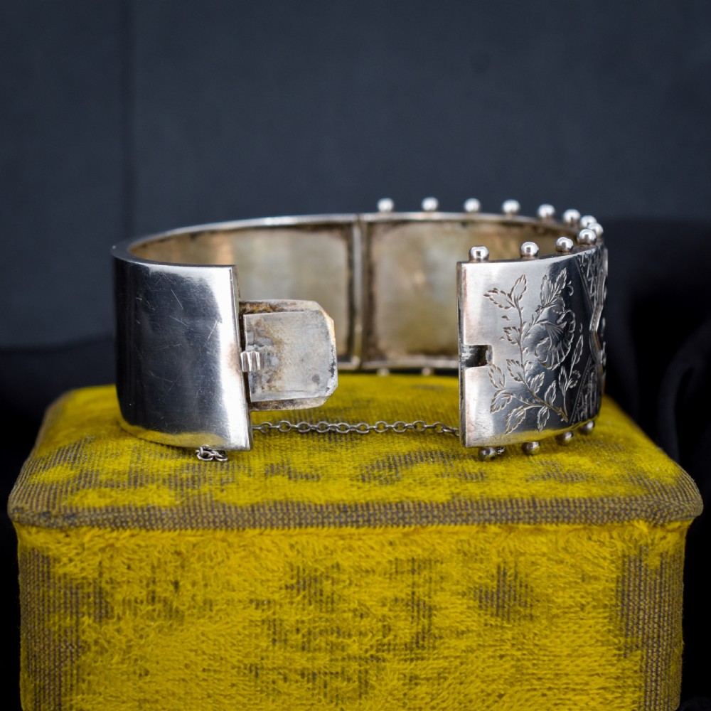 Antique Silver and Gold Aesthetic Flower Engraved Wide Cuff Bangle Bracelet | Victorian View IV