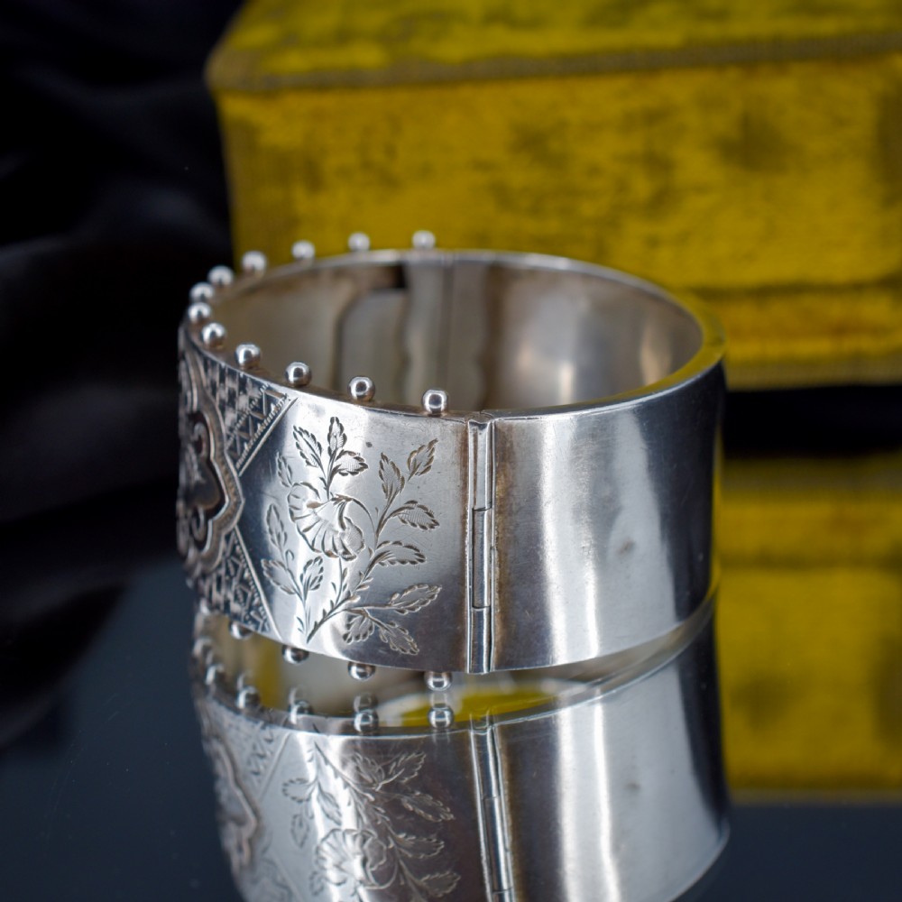 Antique Silver and Gold Aesthetic Flower Engraved Wide Cuff Bangle Bracelet | Victorian View V