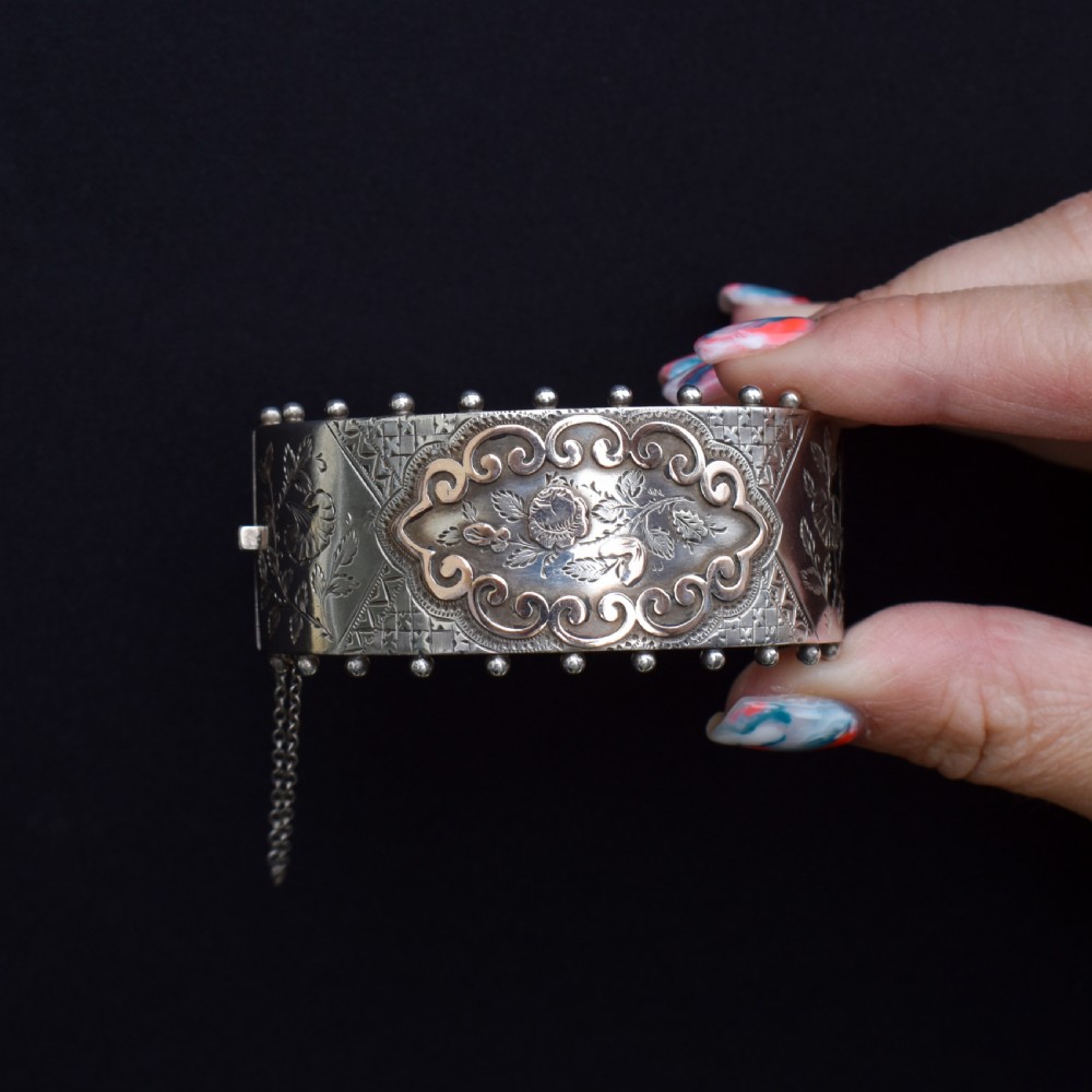 Antique Silver and Gold Aesthetic Flower Engraved Wide Cuff Bangle Bracelet | Victorian View VII