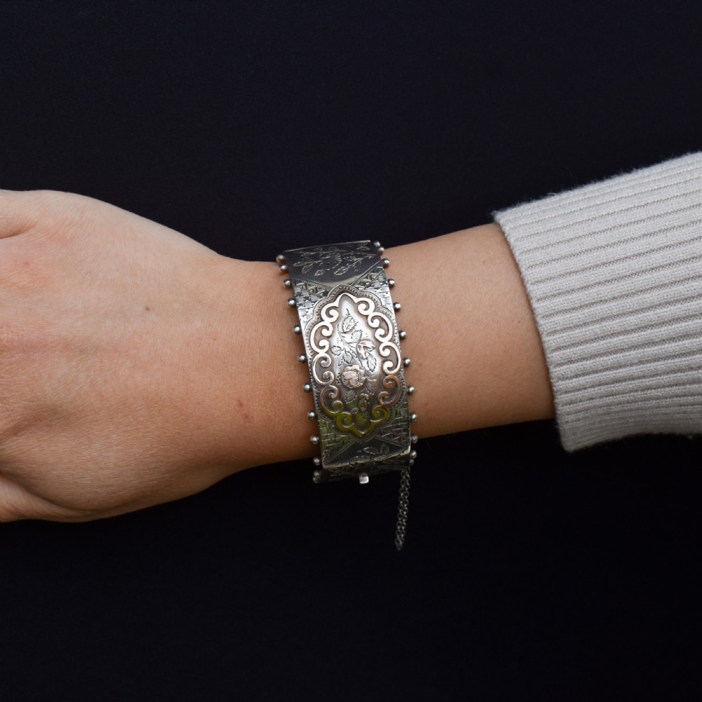 Antique Silver and Gold Aesthetic Flower Engraved Wide Cuff Bangle Bracelet | Victorian View VIII