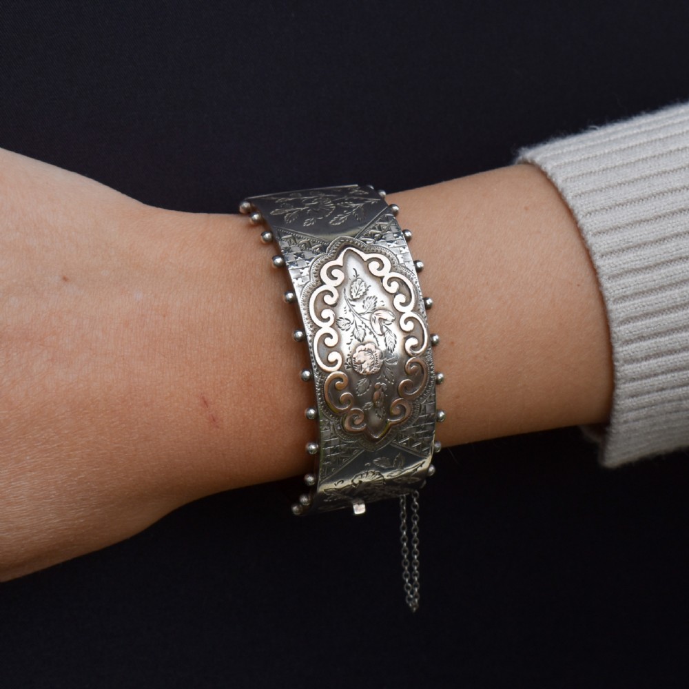 Antique Silver and Gold Aesthetic Flower Engraved Wide Cuff Bangle Bracelet | Victorian View IX