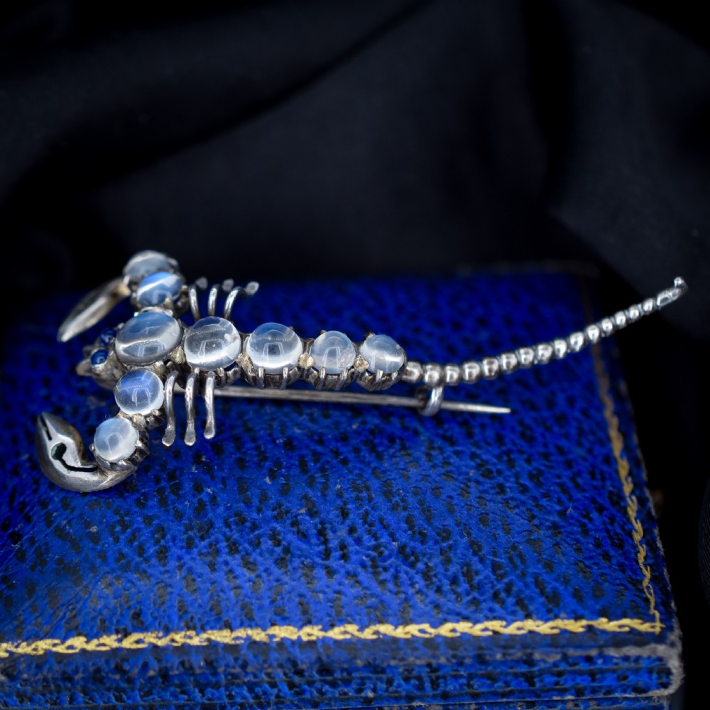 An Edwardian sterling silver brooch designed in the shape of a scorpion, featuring cabochon moonstones along its body and small blue stones for eyes. View III