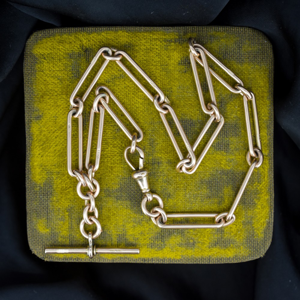 Antique '1899' 9ct Gold Trombone Link Albert Chain Necklace with Dog Clip and T-bar | 13.75