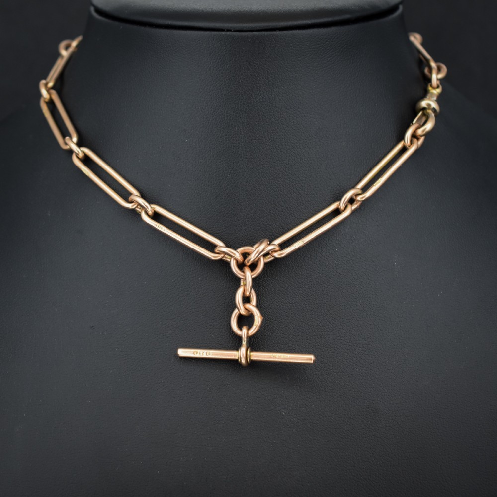 Antique '1899' 9ct Gold Trombone Link Albert Chain Necklace with Dog Clip and T-bar | 13.75